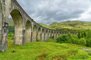 Low angle view of Glenfinnan Viaduct, Glenfinnan, Inverness-shire, Scottish Highlands, Scotland, UK