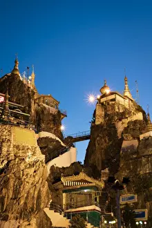 Low angle view of Taung Kwe Pagoda on Thirri Mingala Hill at night, Loikaw District
