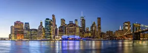 Lit Up Gallery: Lower Manhattan skyline and East River at dusk, Manhattan, New York, USA