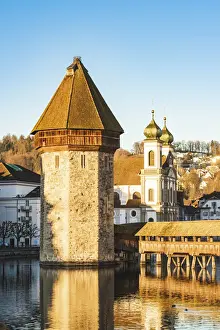 Lucerne Prints: Lucerne, Switzerland. Chapel Bridges (KapellbrAocke) water tower and Jesuit church
