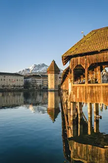 Lucerne Prints: Lucerne, Switzerland. KapellbrAocke (Chapel Bridge) on Reuss river and mount Pilatus