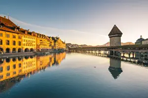 Lucerne Prints: Lucerne, Switzerland. Kapellbrücke (Chapel Bridge) and water tower on Reuss