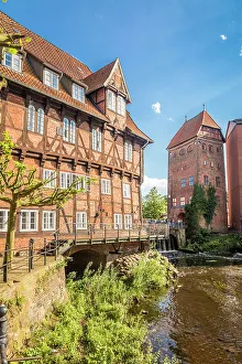 Half Timbering Prints: Luner Mill and Abbot`s Mill on the Ilmenau, Luneburg, Lower Saxony, Germany