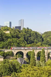 Images Dated 3rd September 2018: Luxembourg, Luxembourg City, View of Pfaffenthal train viaduct and Kirchberg plateau