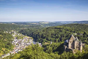 Luxembourg, Vianden, View of Vianden Castle, town and valley