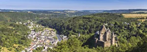 Luxembourg, Vianden, View of Vianden Castle, town and valley