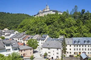 Luxembourg, Vianden, View of Vianden Castle above the town