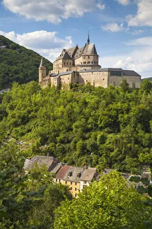 Luxembourg, Vianden, View of Vianden Castle above the town