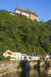 Luxembourg, Vianden, View of Vianden Castle above the town and Our River