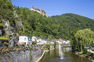 Luxembourg, Vianden, View of Vianden Castle above the town and Our River