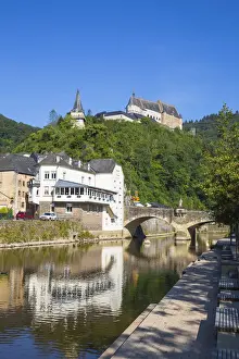 Luxembourg, Vianden, View of Vianden Castle above the town and Our River