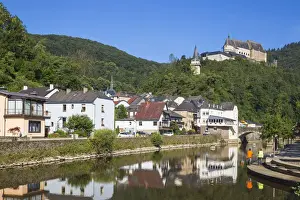 Luxembourg, Vianden, View of Vianden Castle above the town and Our River