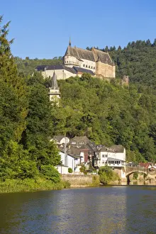 Luxembourg, Vianden, View of Vianden Castle above the town and Our River