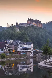 Luxembourg, Vianden, View of Vianden Castle above the town and Our River