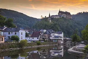 Luxembourg, Vianden, View of Vianden Castle above the town and Our River