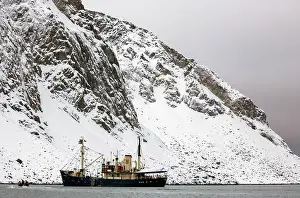 Svalbard Prints: M/S Stockholm, a small tourist ship, with snowy mountain behind, Svalbard, Norway