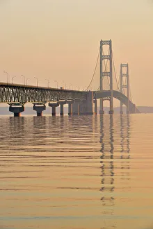 Fresh Water Prints: Mackinac Bridge across the Straits of Mackinac at dawn, Mackinaw city, Michigan, USA