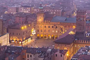 Old City Prints: Maggiore square in Bologna old town from Asinelli tower during twilight