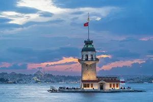 Turkiye Prints: Maiden's Tower at twilight, Uskudar District, Istanbul Province, Turkey