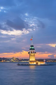 Turkiye Prints: Maiden's Tower at twilight, Uskudar District, Istanbul Province, Turkey