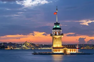 Turkiye Prints: Maiden's Tower at twilight, Uskudar District, Istanbul Province, Turkey