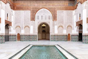 Marrakech Prints: Main courtyard of the Ben Youssef Medersa (old Koranic school), Marrakech, Morocco