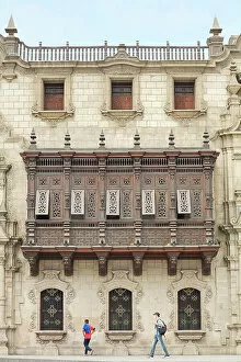 The main facade of the Archbishops Palace of Lima, Peru. Lima is also known as the 'City of the Kings"