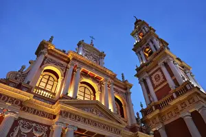 The main facade of the Basilica Menor y Convento de San Francisco church at twilight