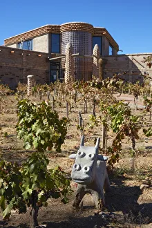 The main facade of the Bodega Las Arcas de Tolombon winery, Colalao del Valle, Calchaqui Valleys, Tucuman, Argentina. The winery architecture is inspired by the African city of Timbuktu (Mali)