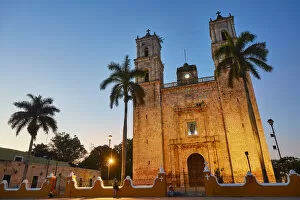 The main facade of the San Gervasio Church Cathedral at sunrise, Valladolid, Yucatan, Mexico