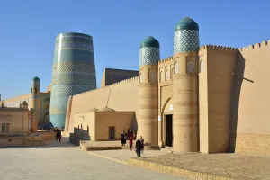 Islamic Gallery: The main gate to the Khuna Ark citadel and the Kalta Minor minaret. Old town of Khiva