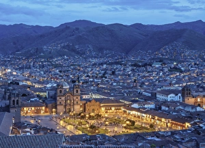 Main Square at twilight, Old Town, elevated view, Cusco, Peru