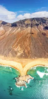 Volcanic Landscape Prints: Majestic mountain Pico De La Zarza and El Islote in the crystal sea, Cofete Beach, Jandia