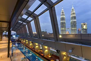 Petronas Towers Gallery: Malaysia, Kuala Lumpur, view from a rooftop pool / skybar of Petronas Towers