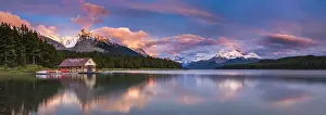 Maligne Lake and historic boathouse in Jasper National Park, Alberta, Canada