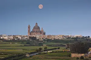 Gozo Prints: Malta, Gozo Island, Xewkija, the Rotunda Church with moonset