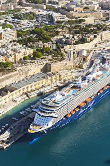 Malta, South Eastern Region, Valletta. An aerial view of a cruise ship at Valletta