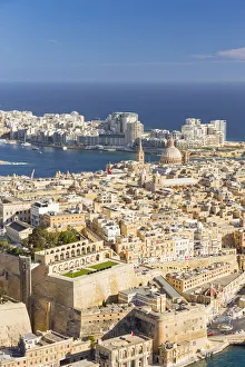 Malta, South Eastern Region, Valletta. Aerial view of Valletta and Sliema