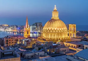 Pauls Anglican Cathedral Prints: Malta Valletta Skyline with Basilica of our Lady of Mount Carmel Dome and St