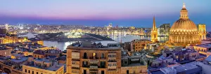 Malta Valletta Skyline with Basilica of our Lady of Mount Carmel Dome and St.Pauls Anglican Cathedral Spire, Sunset Valletta, Malta