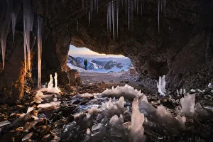 Trekker Prints: A man at Grotta dei Pagani with stalactites and stalagmites