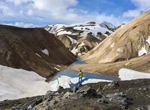 Observing Prints: a man that observes Landmannalaugar mountains and canyon during summer, Landmannalaugar