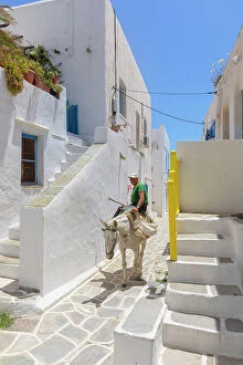 Images Dated 28th July 2023: Man riding mule, Kastro, Sifnos Island, Cyclades Islands, Greece