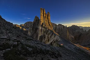 A man with his tent at Vajolet Tower, Gruppo del Catinaccio, Dolomiti di Gardena, Bolzano