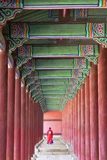 1 Person Prints: Man wearing traditional clothes standing in corridor of Geunjeongjeon courtyard inside Gyeongbokgung Palace
