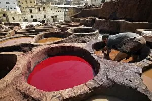 Leather Collection: A man working in the tanneries in Old Fez, Morocco