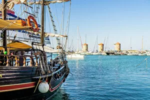 Dodecanese Islands Gallery: Mandraki Marina and Port looking towards Rhodes Windmills, Rhodes Town, Rhodes