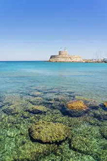 Mandraki Prints: Mandraki Marina and Port looking towards Saint Nicholas Fortress