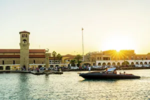 Rhodes Prints: Mandraki Marina and Port at sunset, Rhodes Town, Rhodes, Dodecanese Islands, Greece