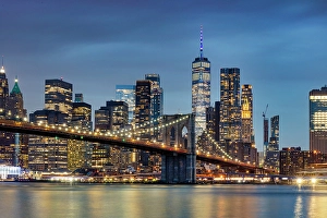 Brooklyn Bridge Prints: Manhattan and Brooklyn Bridge at dusk